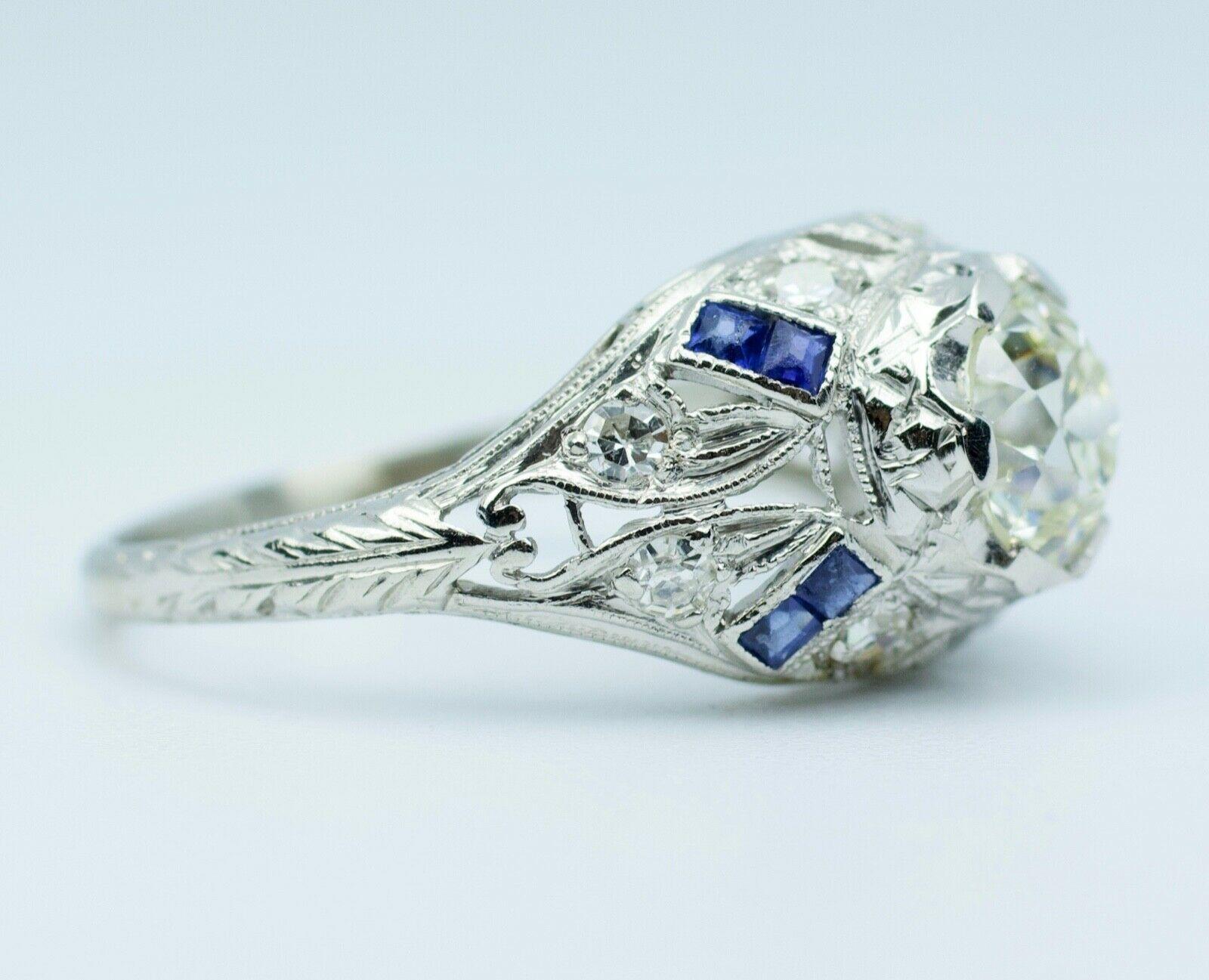 Art Deco 10% Iridium 90% Platin GIA Diamant und Saphir Ring mit europäischem Schliff (Art déco)