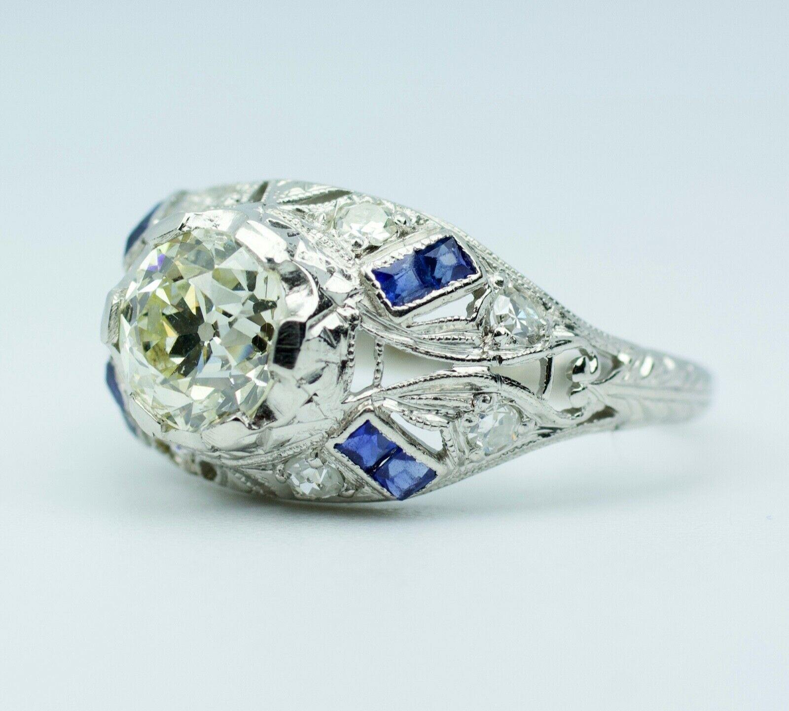 Art Deco 10% Iridium 90% Platin GIA Diamant und Saphir Ring mit europäischem Schliff 1