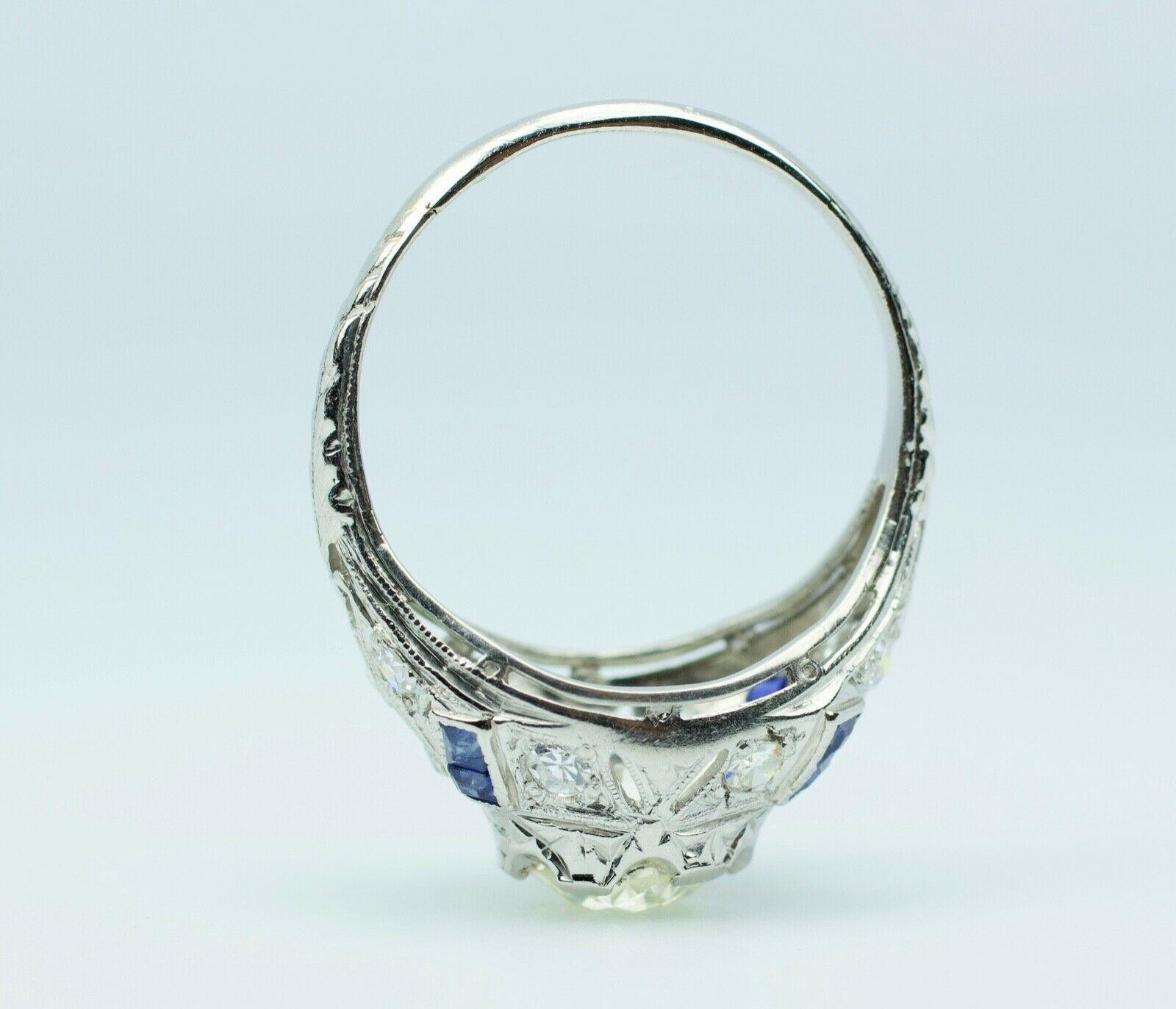Art Deco 10% Iridium 90% Platin GIA Diamant und Saphir Ring mit europäischem Schliff 2