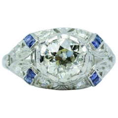 Antique Art Deco 10% Iridium 90% Platinum GIA European Cut Diamond and Sapphire Ring