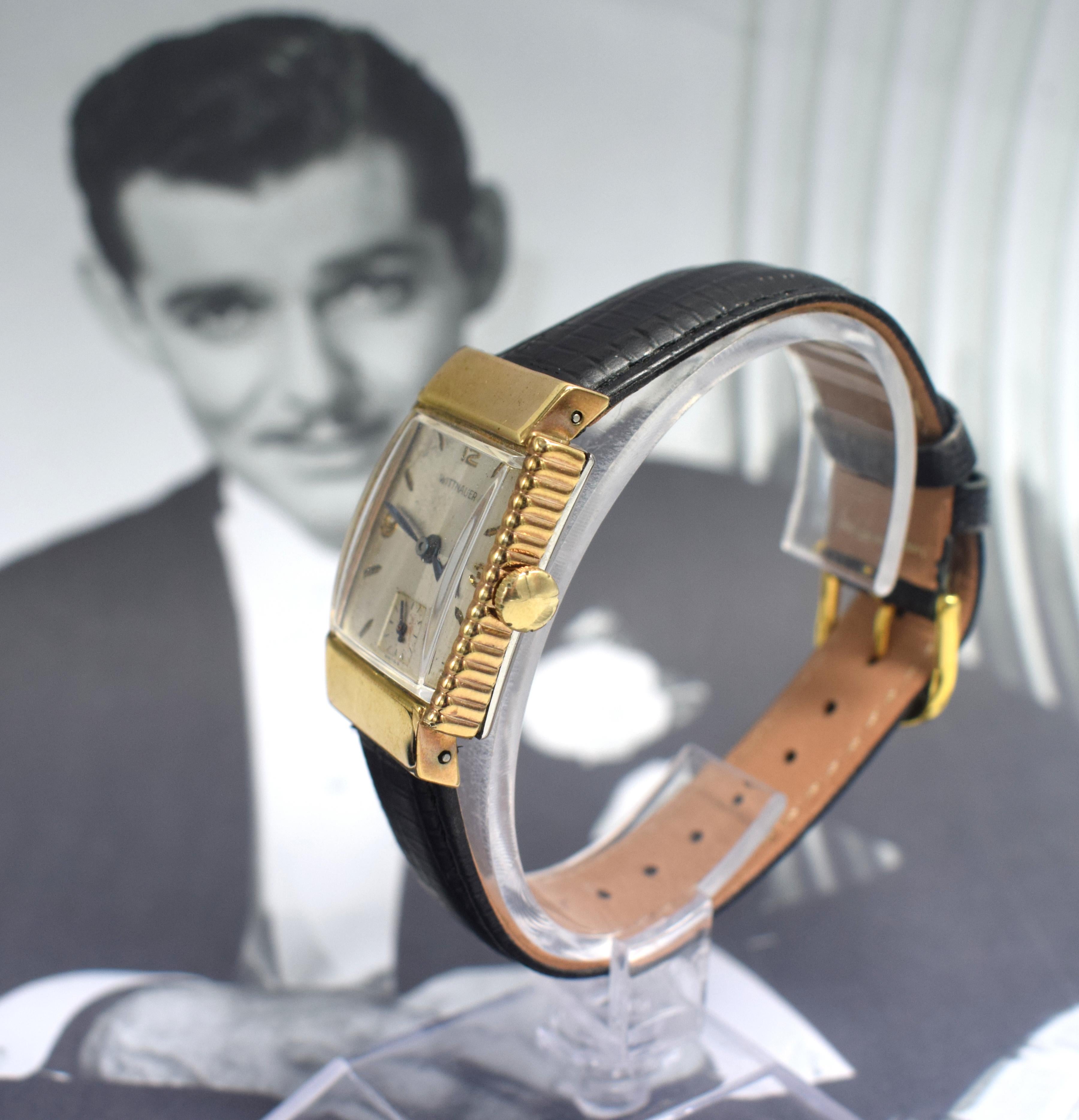 A wonderfully designed Art Deco beauty made by Wittnauer (Longines) , an awesome hood lugs with rolling ribbed sides, such a Majestic Deco design and true luxury design of its Time. In excellent condition fully serviced May 2019, totally overhauled