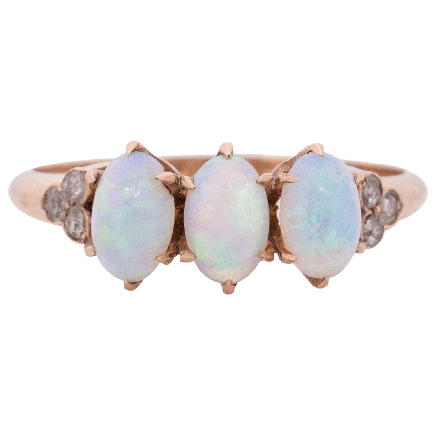 Art Deco 10 Karat Rose Gold Opal and Diamond 3-Stone Vintage Ring