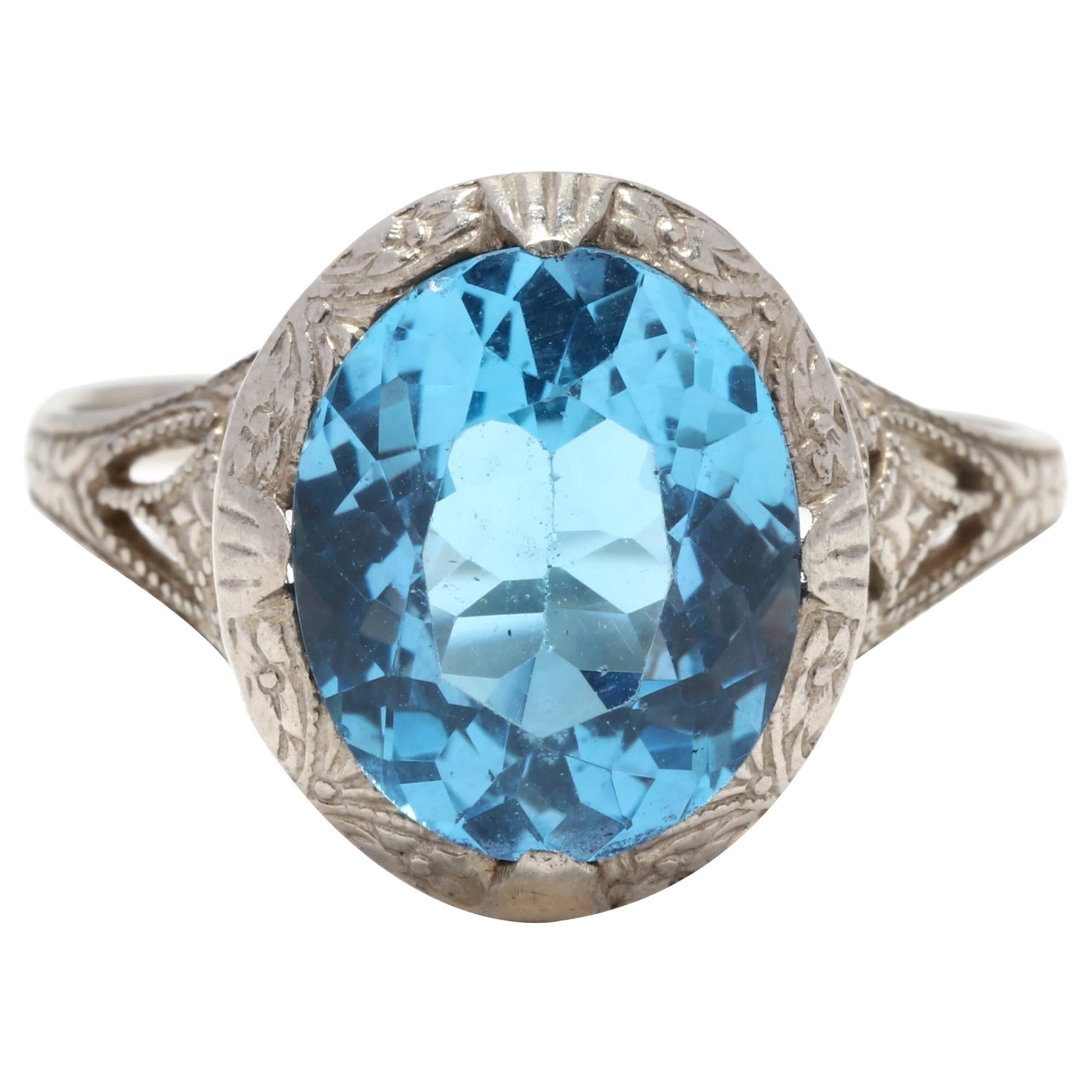 Art Deco 10 Karat White Gold, Blue Topaz Filigree Ring