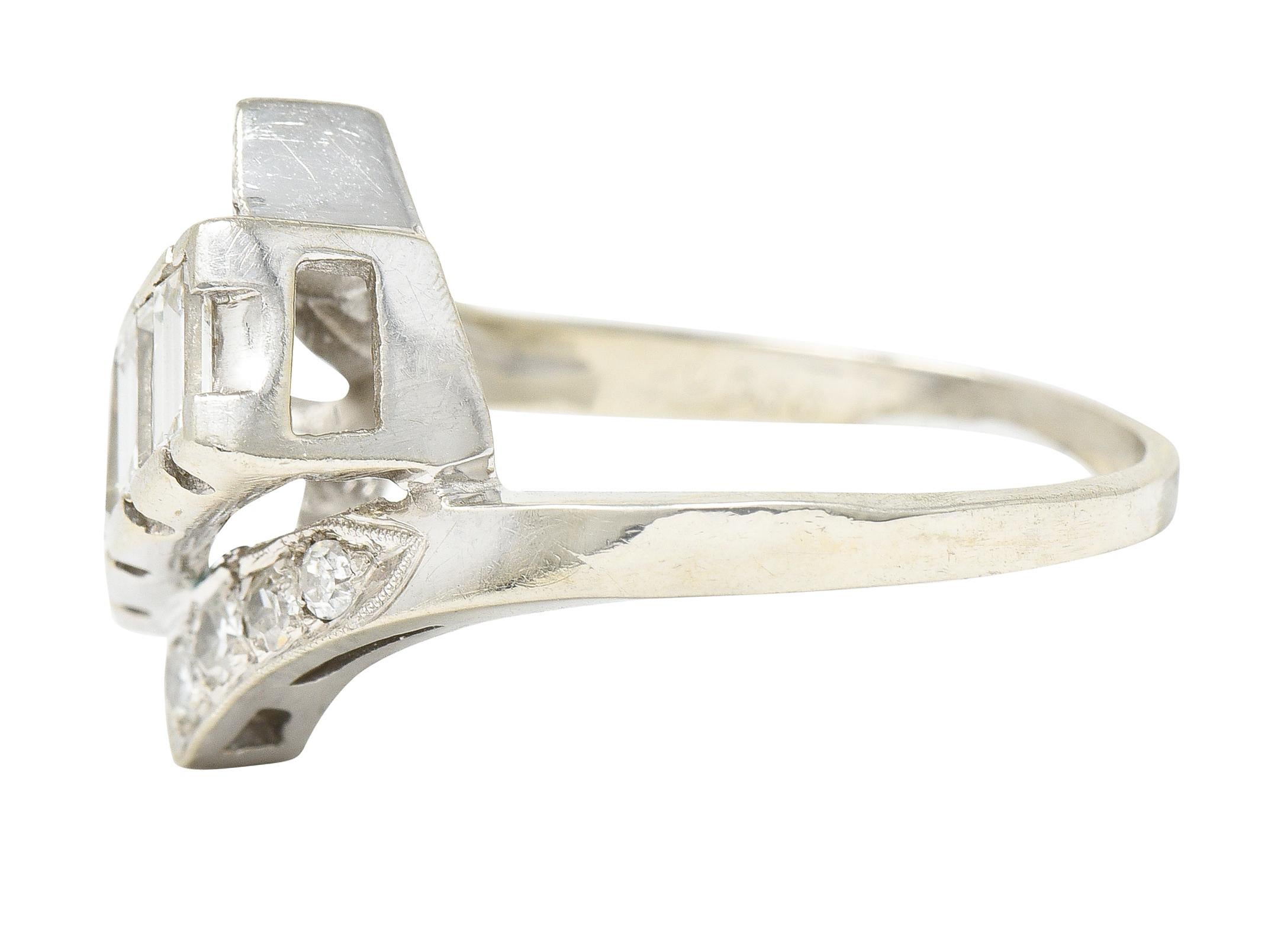 Baguette Cut Mid-Century 1.00 CTW Diamond 14 Karat White Gold Bypass Ring For Sale