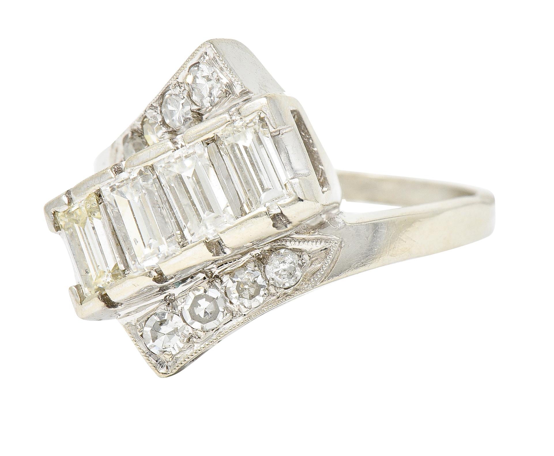 Mid-Century 1.00 CTW Diamond 14 Karat White Gold Bypass Ring In Excellent Condition For Sale In Philadelphia, PA