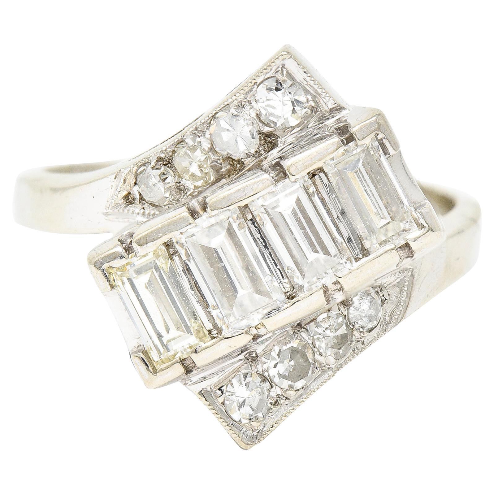Mid-Century 1.00 CTW Diamond 14 Karat White Gold Bypass Ring For Sale