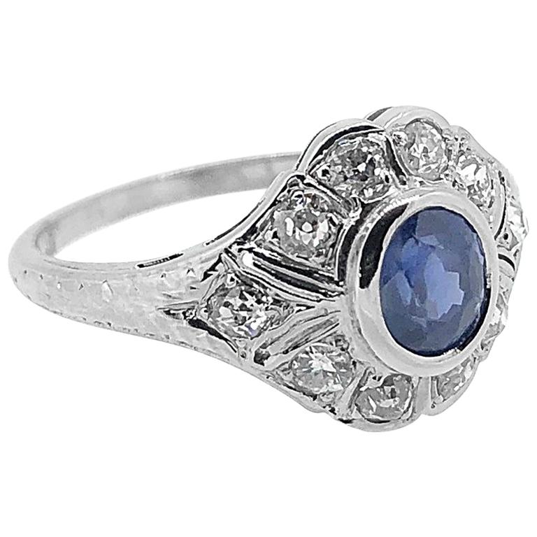 Art Deco 1.00 Carat Diamond and 1.00 Carat T.W. Sapphire Antique Engagement Ring For Sale