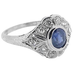 Art Deco 1.00 Carat Diamond and 1.00 Carat T.W. Sapphire Antique Engagement Ring