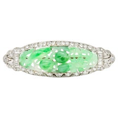 Art Deco 1.00 Carat Diamond Jade 18 Karat White Gold Carved Floral Brooch