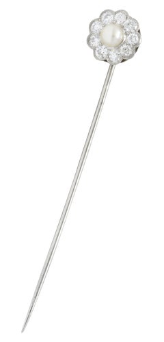 Art Deco 1.00 Carat Diamond Pearl Platinum Floral Cluster Stickpin