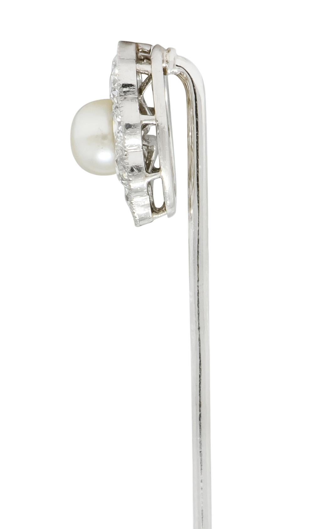 Round Cut Art Deco 1.00 Carat Diamond Pearl Platinum Floral Cluster Stickpin For Sale