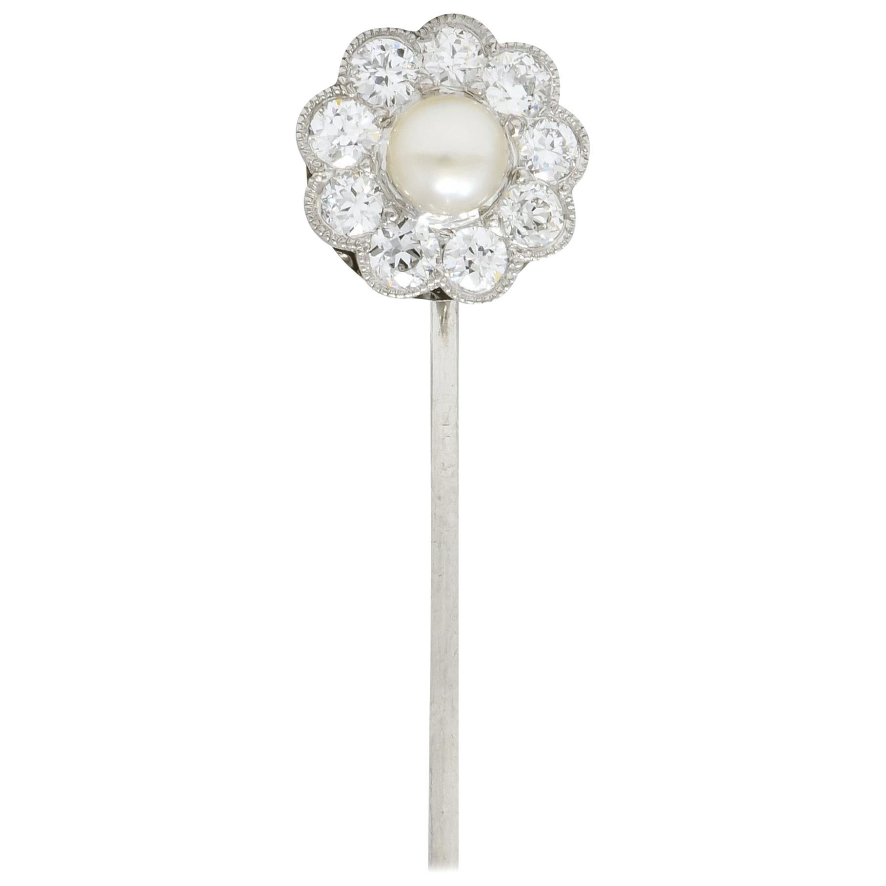 Art Deco 1.00 Carat Diamond Pearl Platinum Floral Cluster Stickpin For Sale