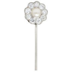 Vintage Art Deco 1.00 Carat Diamond Pearl Platinum Floral Cluster Stickpin