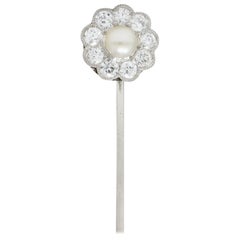 Art Deco 1.00 Carat Diamond Pearl Platinum Floral Cluster Stickpin