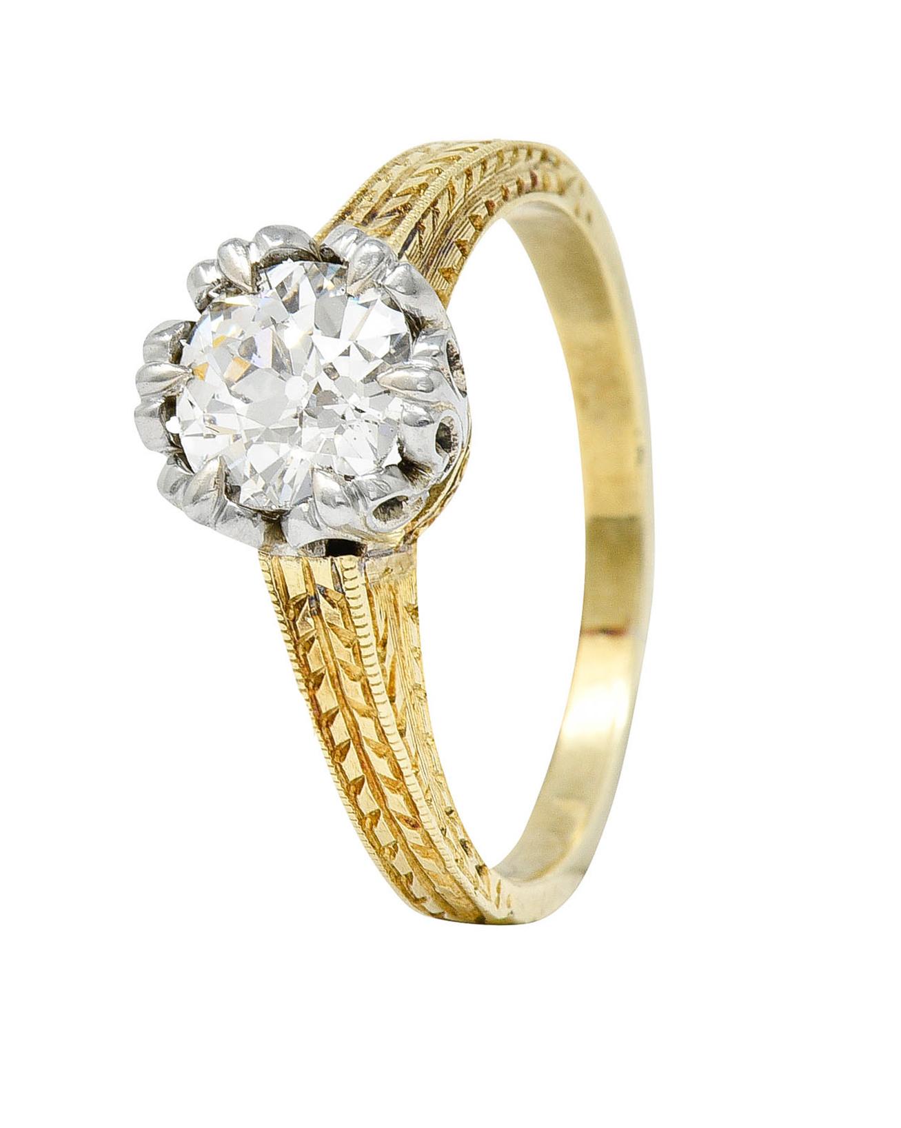Art Deco 1.00 Carat Diamond Platinum 14 Karat Yellow Gold Engagement Ring 6