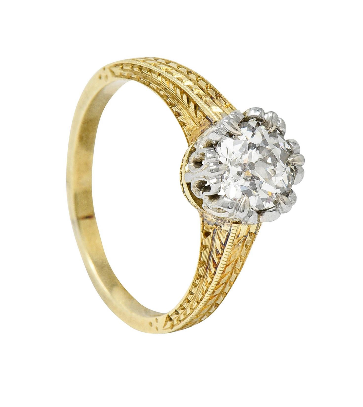 Art Deco 1.00 Carat Diamond Platinum 14 Karat Yellow Gold Engagement Ring 7