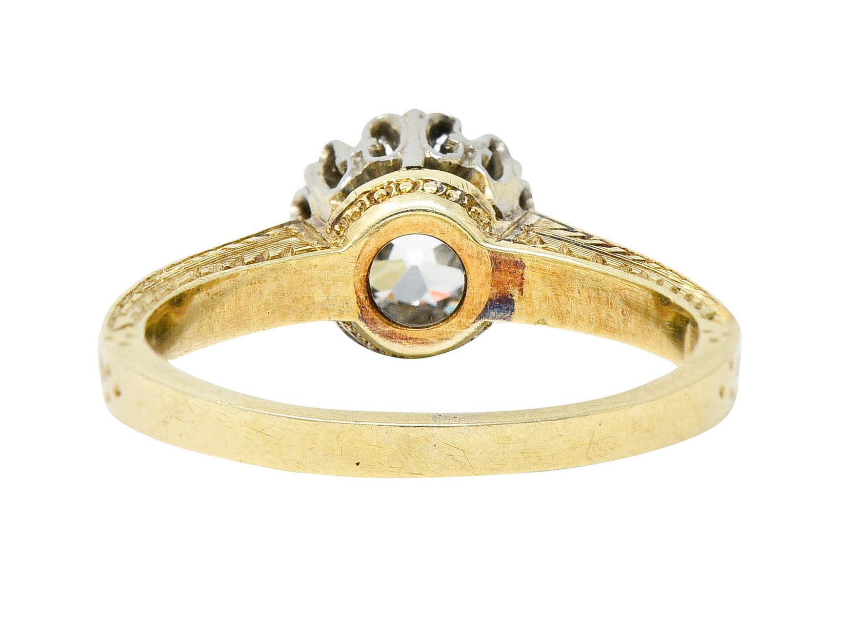 Art Deco 1.00 Carat Diamond Platinum 14 Karat Yellow Gold Engagement Ring In Excellent Condition In Philadelphia, PA