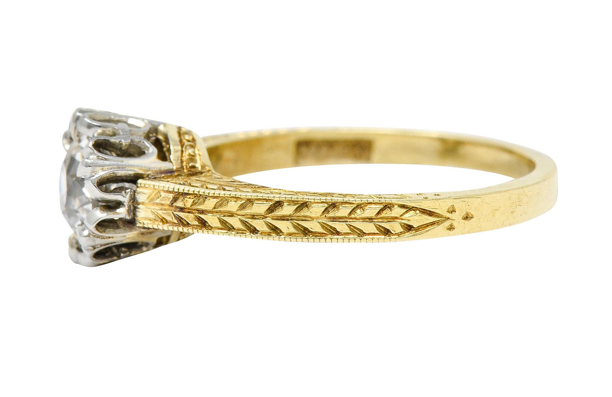 Women's or Men's Art Deco 1.00 Carat Diamond Platinum 14 Karat Yellow Gold Engagement Ring