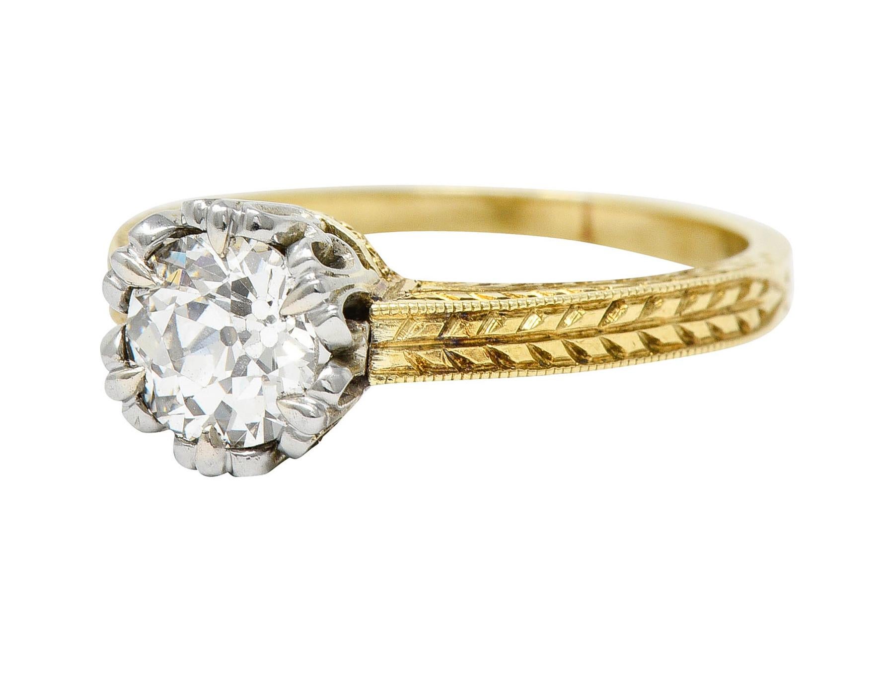 Art Deco 1.00 Carat Diamond Platinum 14 Karat Yellow Gold Engagement Ring 1