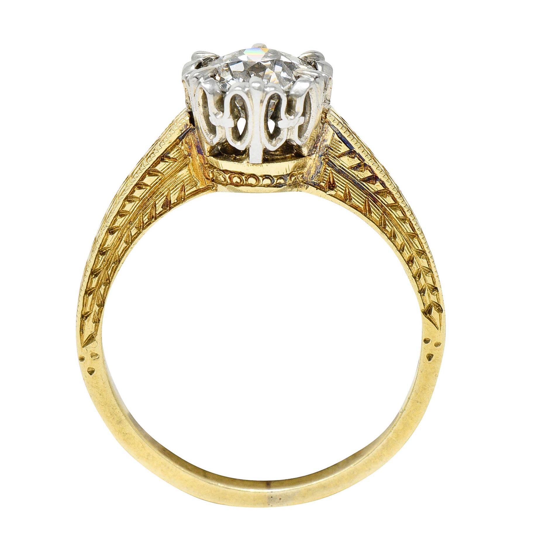 Art Deco 1.00 Carat Diamond Platinum 14 Karat Yellow Gold Engagement Ring 3