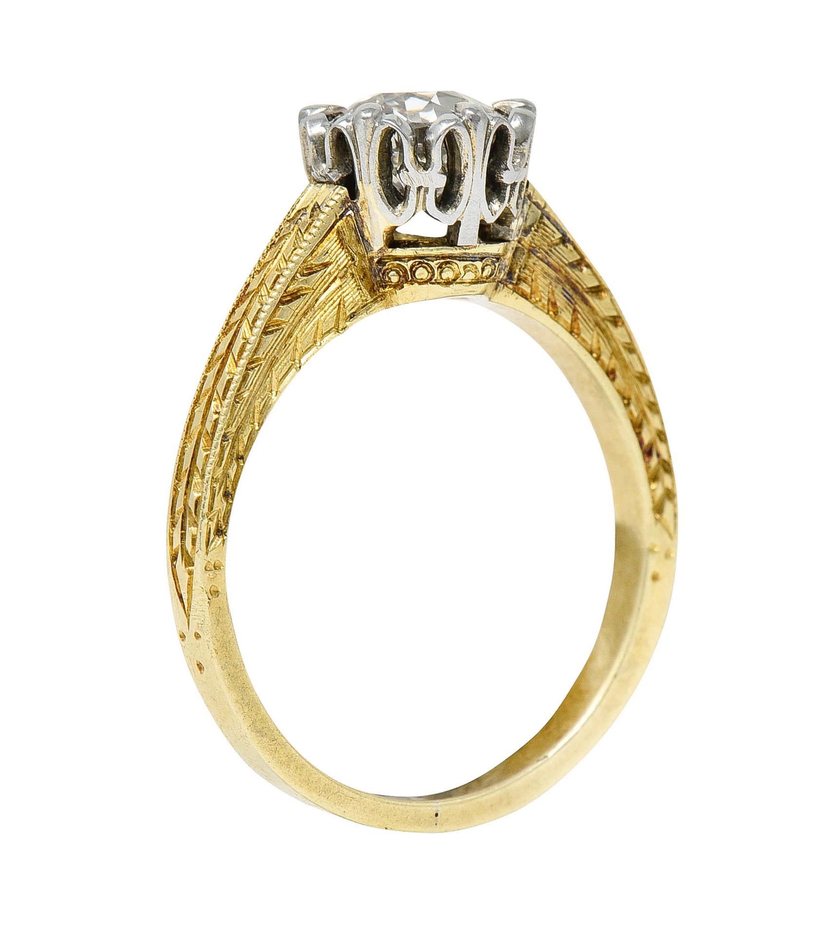 Art Deco 1.00 Carat Diamond Platinum 14 Karat Yellow Gold Engagement Ring 4
