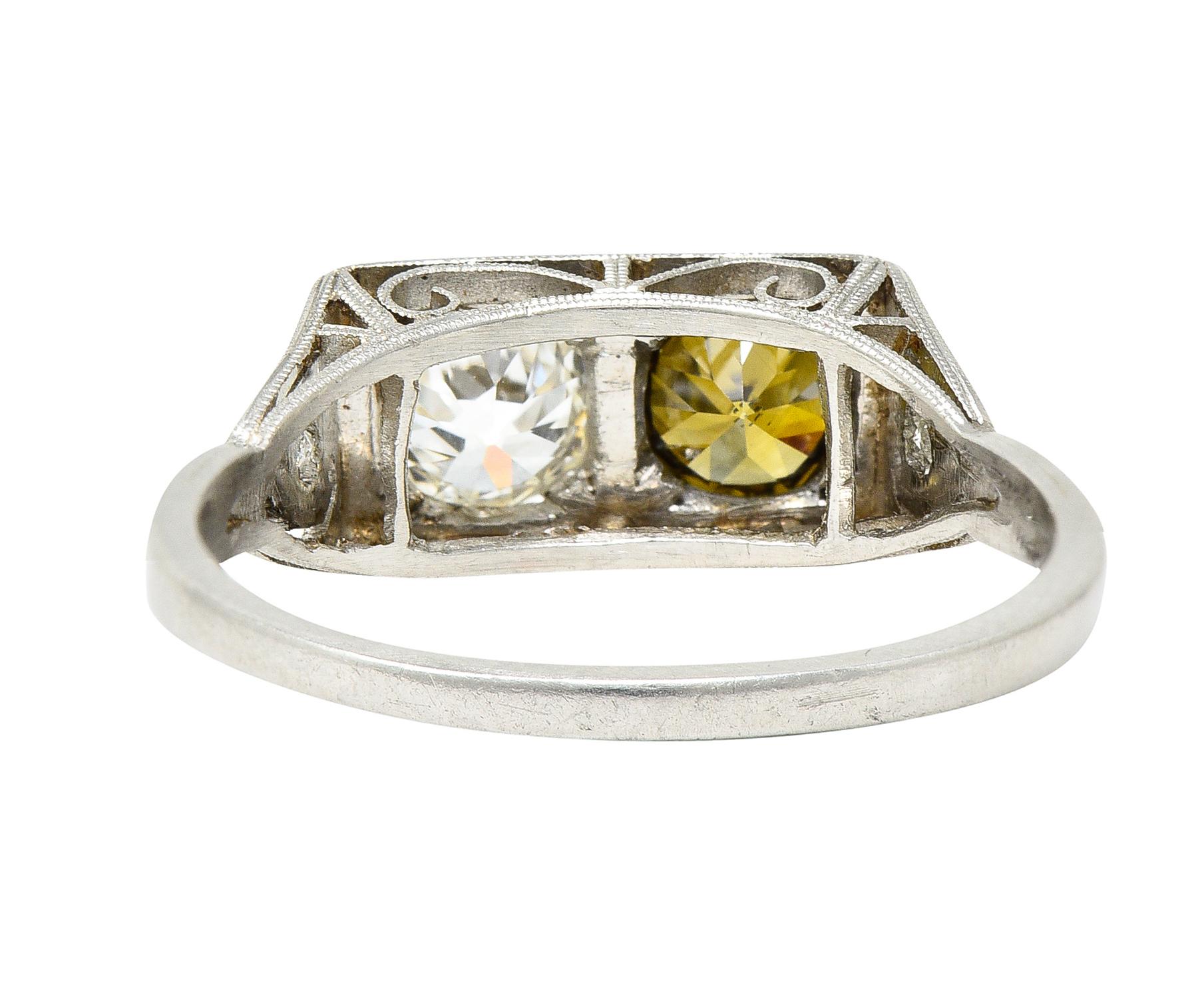 Old European Cut Art Deco 1.00 Carat Fancy Colored Diamond & Diamond Platinum Toi Et Moi Ring For Sale
