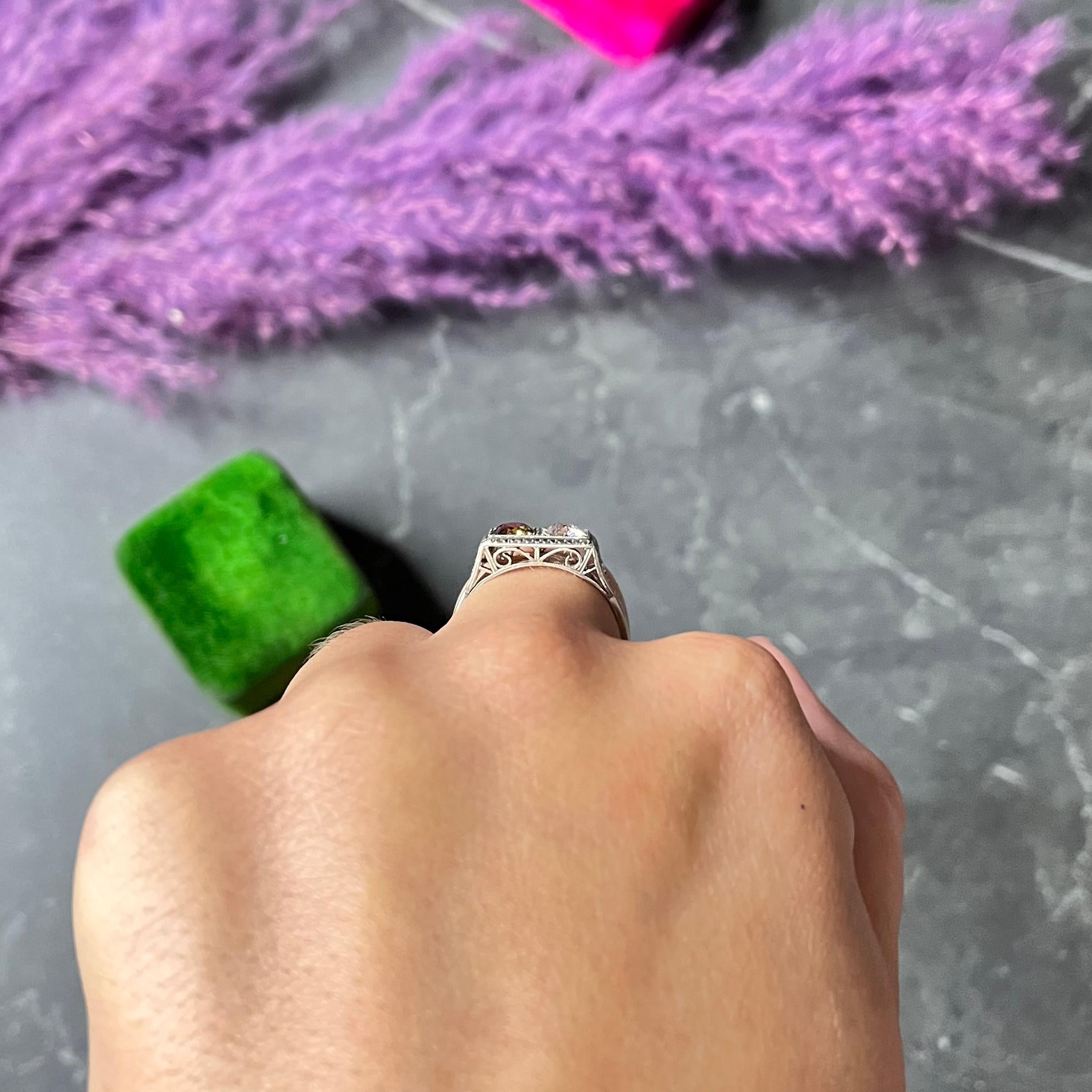 Bague Toi et Moi Art Déco en platine avec diamants de couleur fantaisie de 1,00 carat et diamants en vente 6