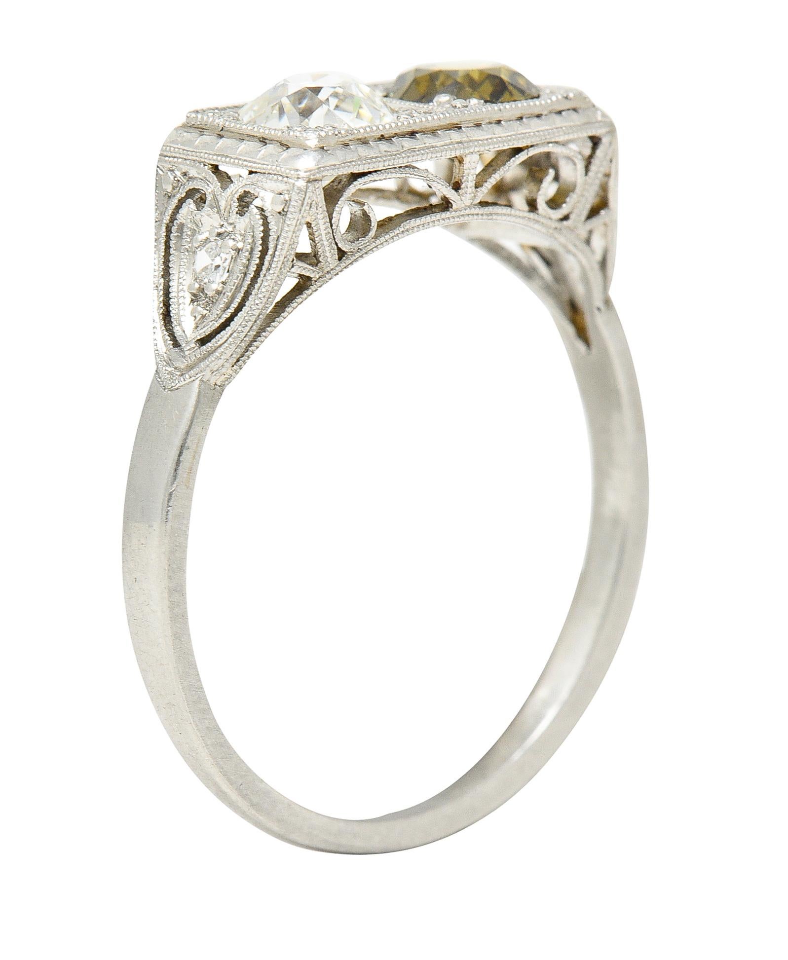 East to West rectangular mounting featuring two old European cut diamonds. In the Toi et Moi style - French to mean 