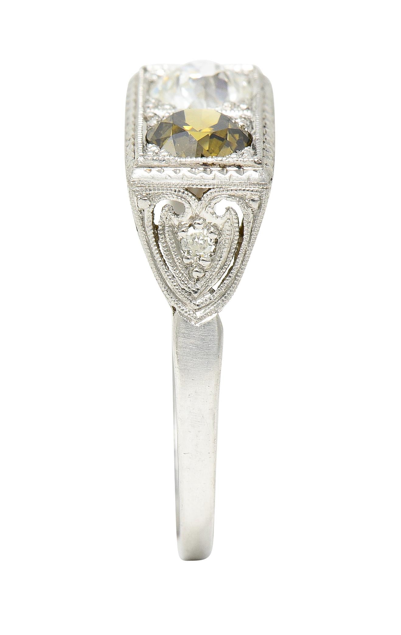 Art Deco 1.00 Carat Fancy Colored Diamond & Diamond Platinum Toi Et Moi Ring For Sale 3
