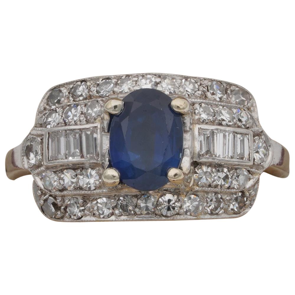 Art Deco 1.00 Carat Natural Sapphire 1.0 Carat Diamond Rare Panel Ring For Sale
