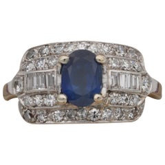 Art Deco 1.00 Carat Natural Sapphire 1.0 Carat Diamond Rare Panel Ring