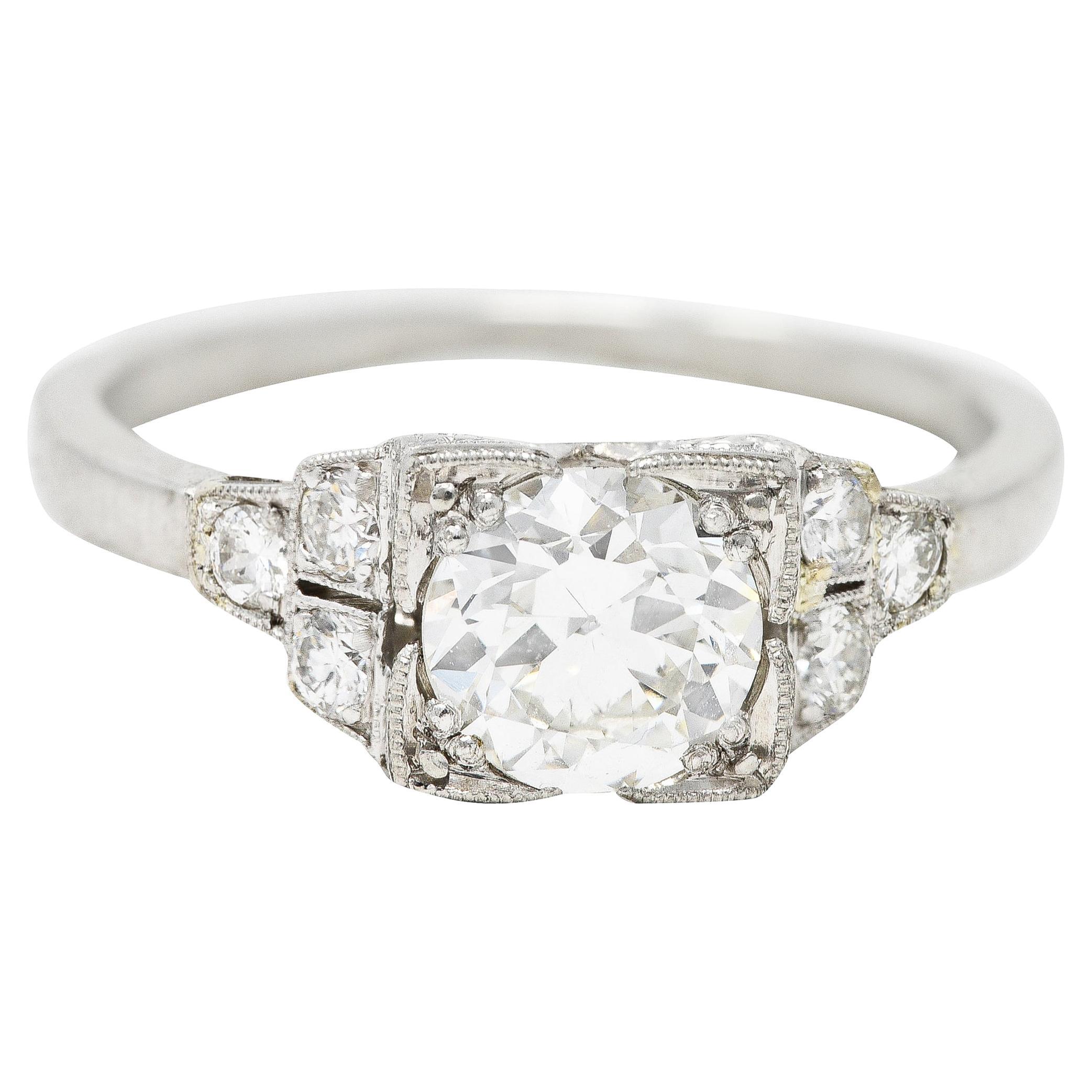 Art Deco 1.00 Carat Old European Diamond Platinum Stepped Engagement Ring For Sale