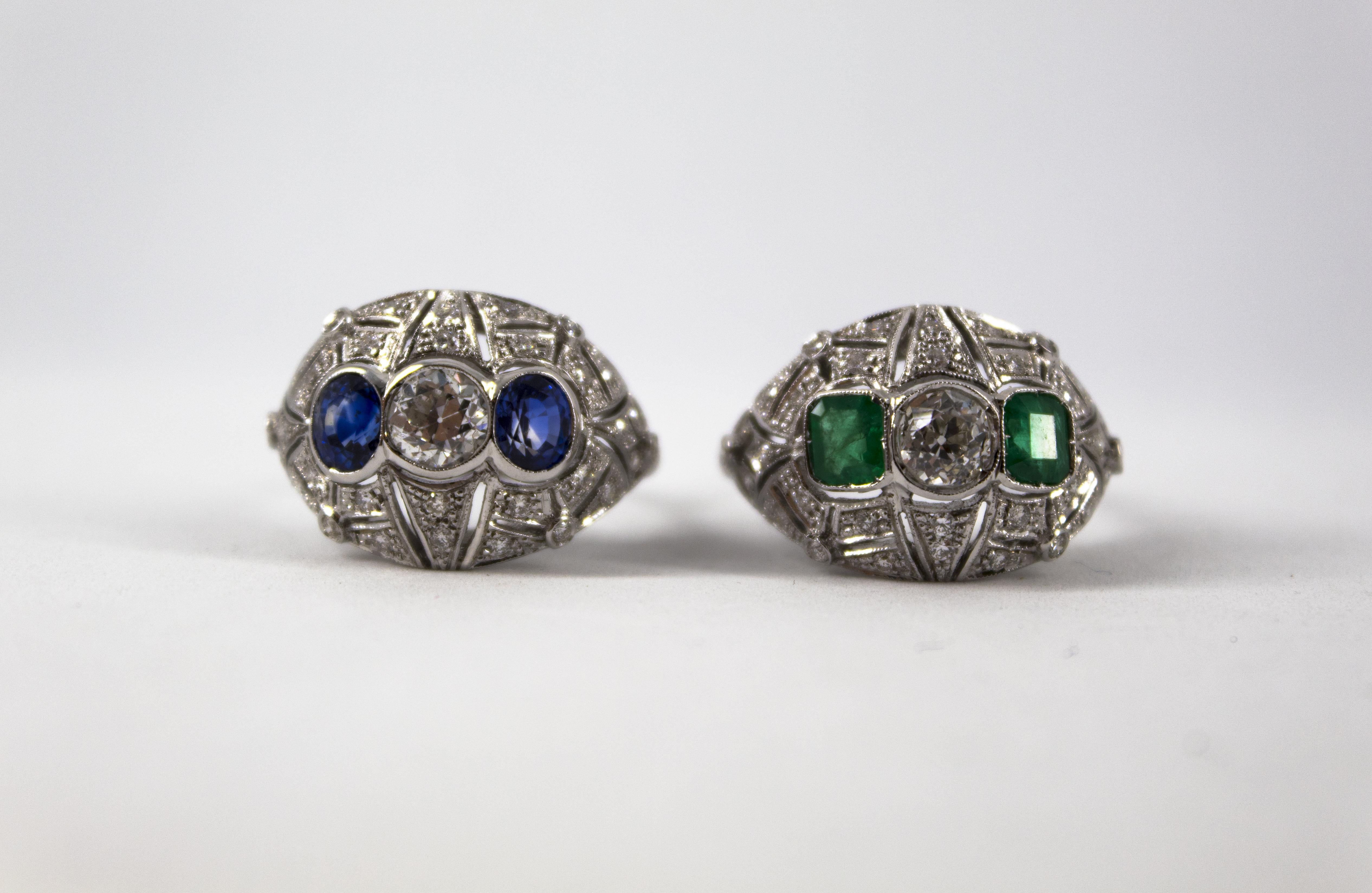 Art Deco Style 1.00 Carat Modern Cut Diamond 0.60 Carat Emerald White Gold Ring 5