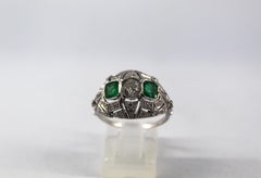 Art Deco Style 1.00 Carat Modern Cut Diamond 0.60 Carat Emerald White Gold Ring