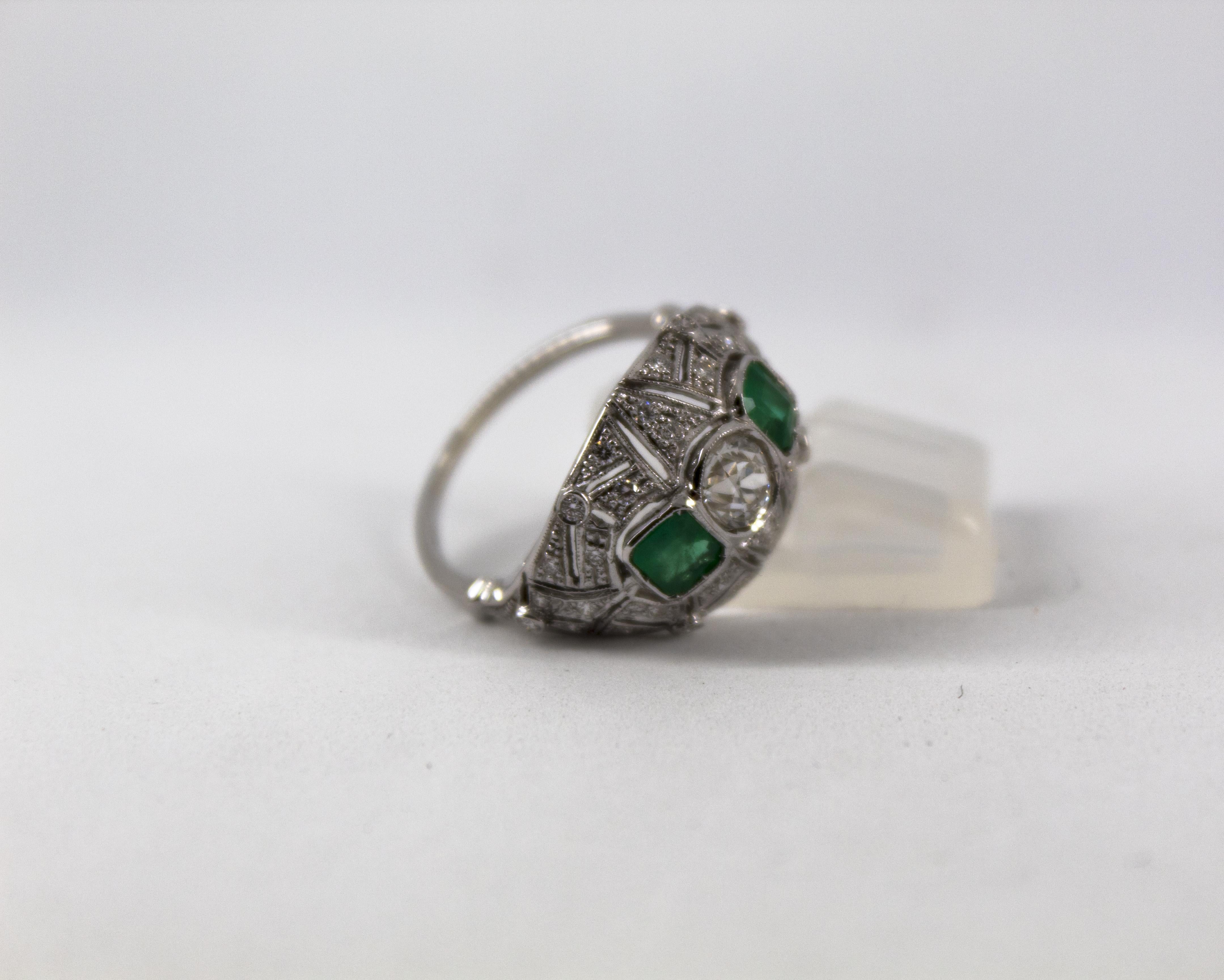 Round Cut Art Deco Style 1.00 Carat Modern Cut Diamond 0.60 Carat Emerald White Gold Ring