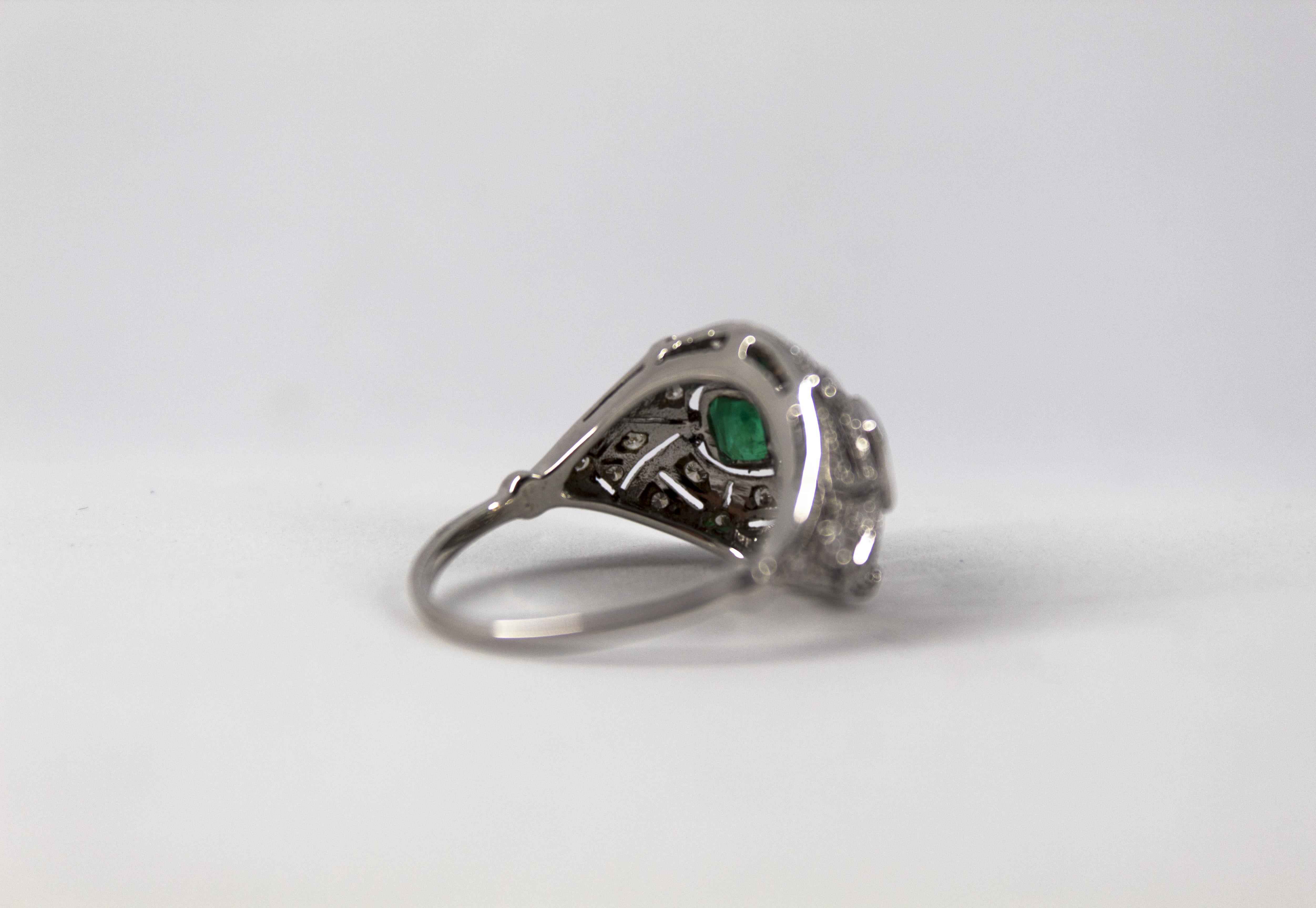 Art Deco Style 1.00 Carat Modern Cut Diamond 0.60 Carat Emerald White Gold Ring 1