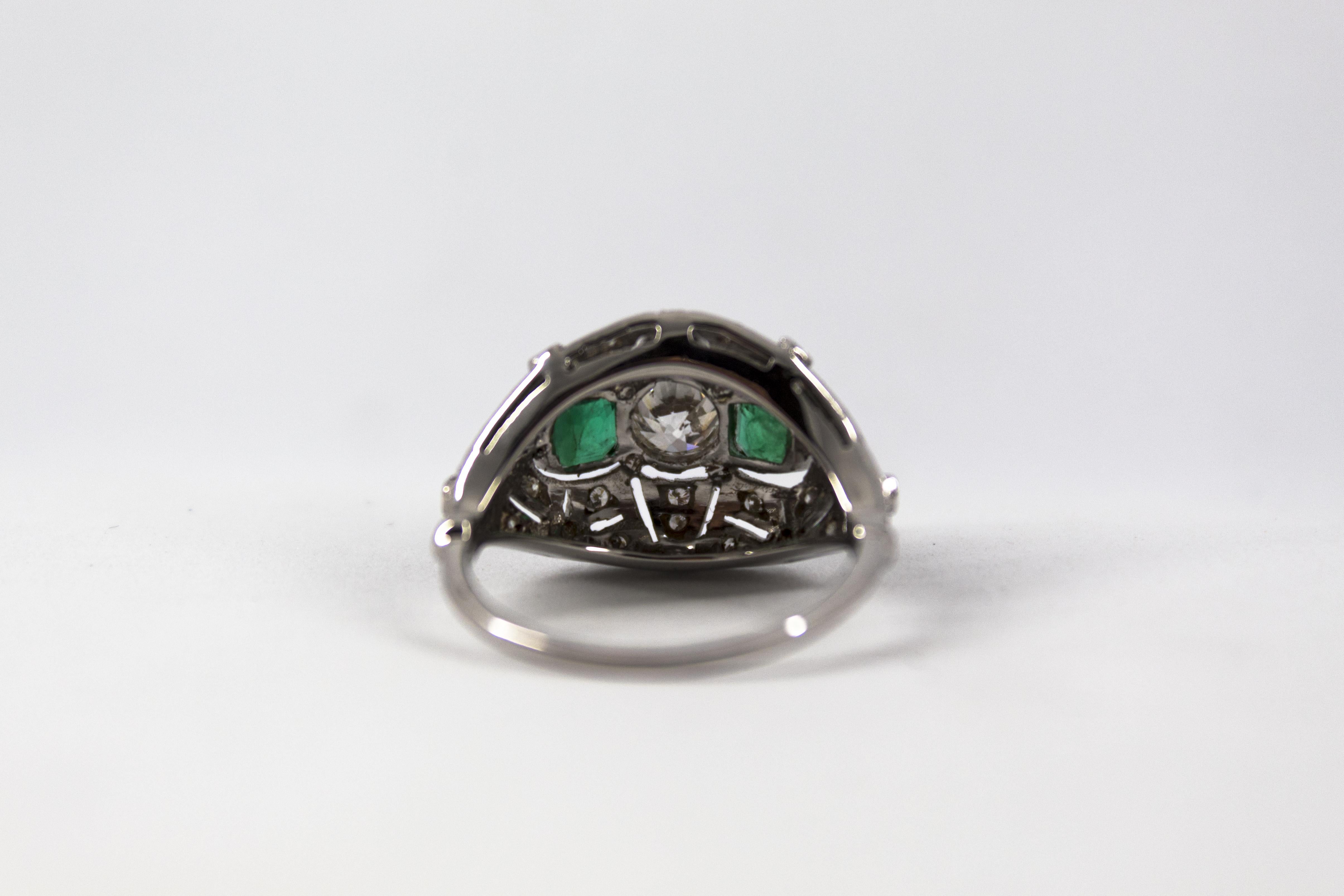 Art Deco Style 1.00 Carat Modern Cut Diamond 0.60 Carat Emerald White Gold Ring 2