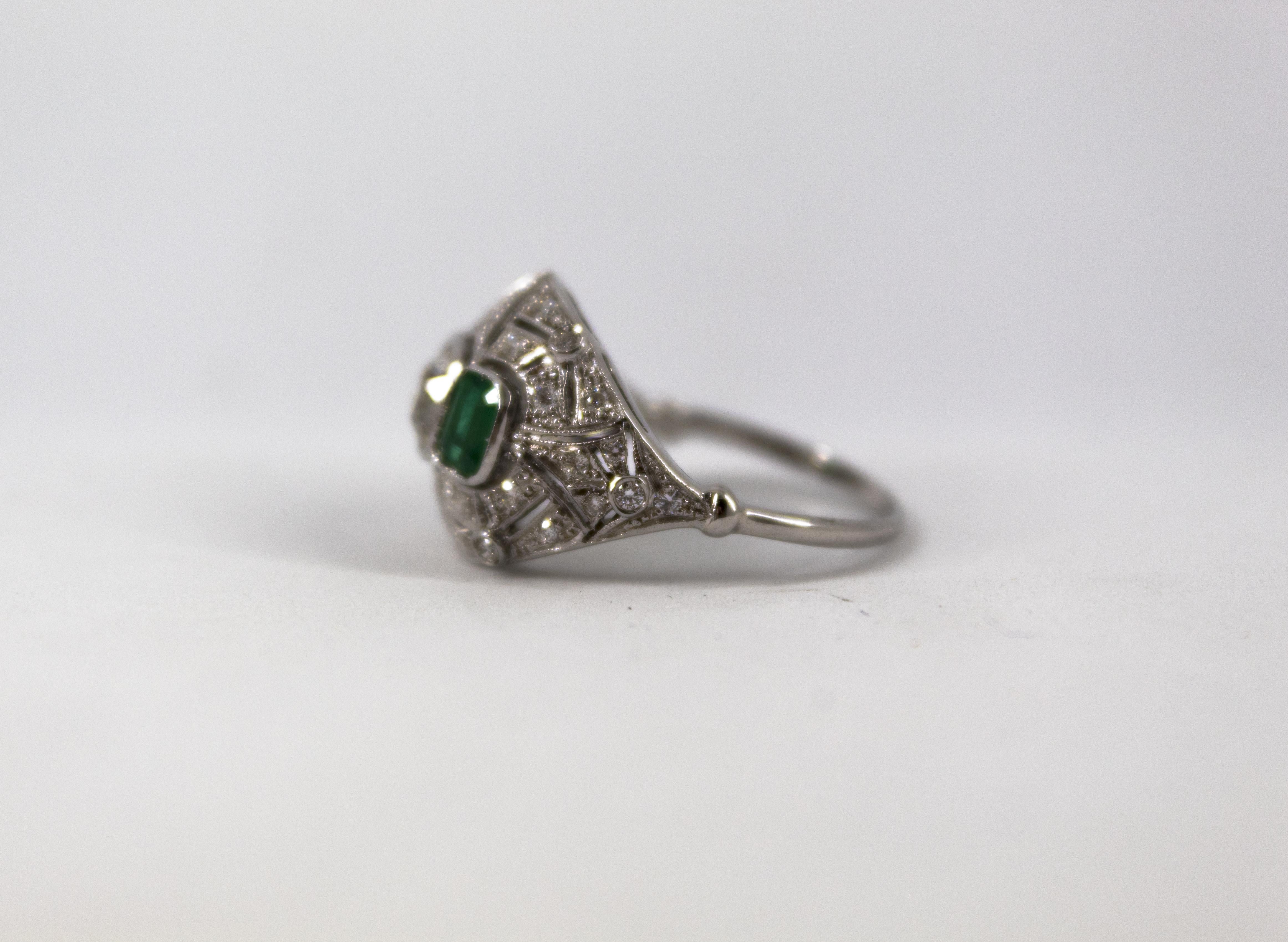 Art Deco Style 1.00 Carat Modern Cut Diamond 0.60 Carat Emerald White Gold Ring 3