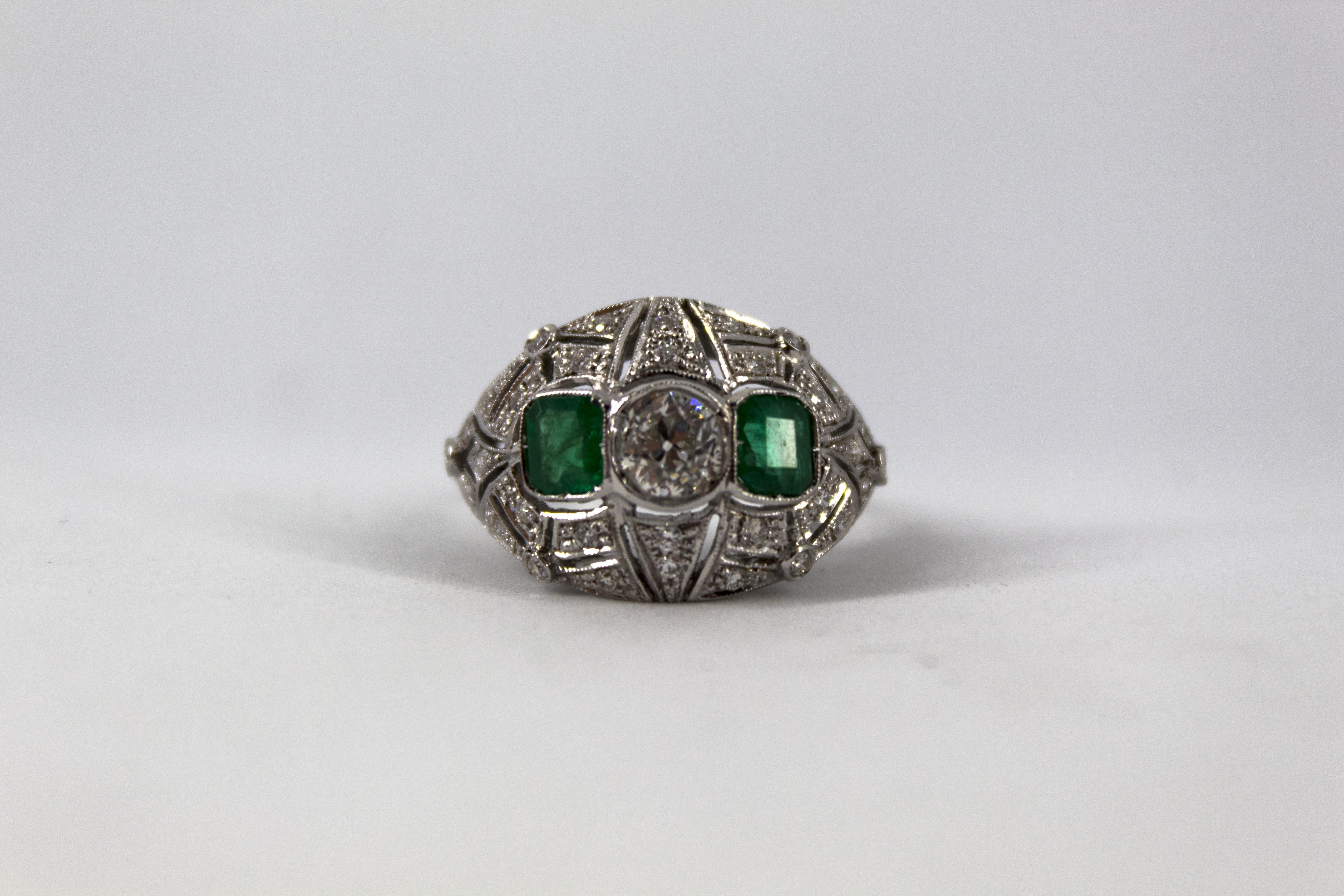 Art Deco Style 1.00 Carat Modern Cut Diamond 0.60 Carat Emerald White Gold Ring 4