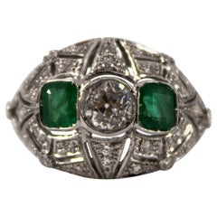 Art Deco Style 1.00 Carat Modern Cut Diamond 0.60 Carat Emerald White Gold Ring