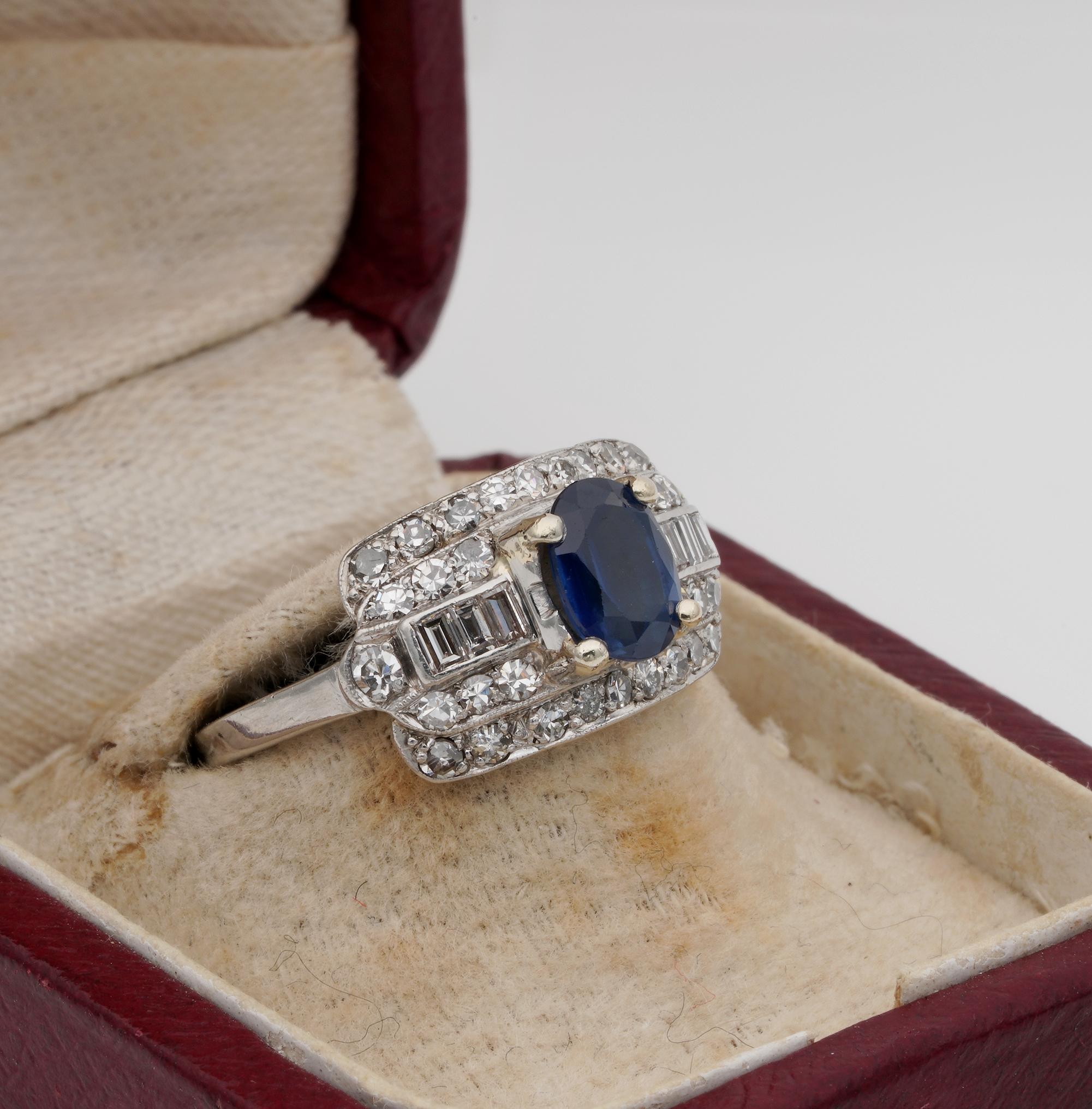 Deco Geometries

Art Deco period Diamond and Sapphire ring
Dates back to the 30's
Skilfully hand crafted of solid Platinum – marked with assay
Design elegantly develops in a geometric panel of two different cut of Diamonds creating impact to the