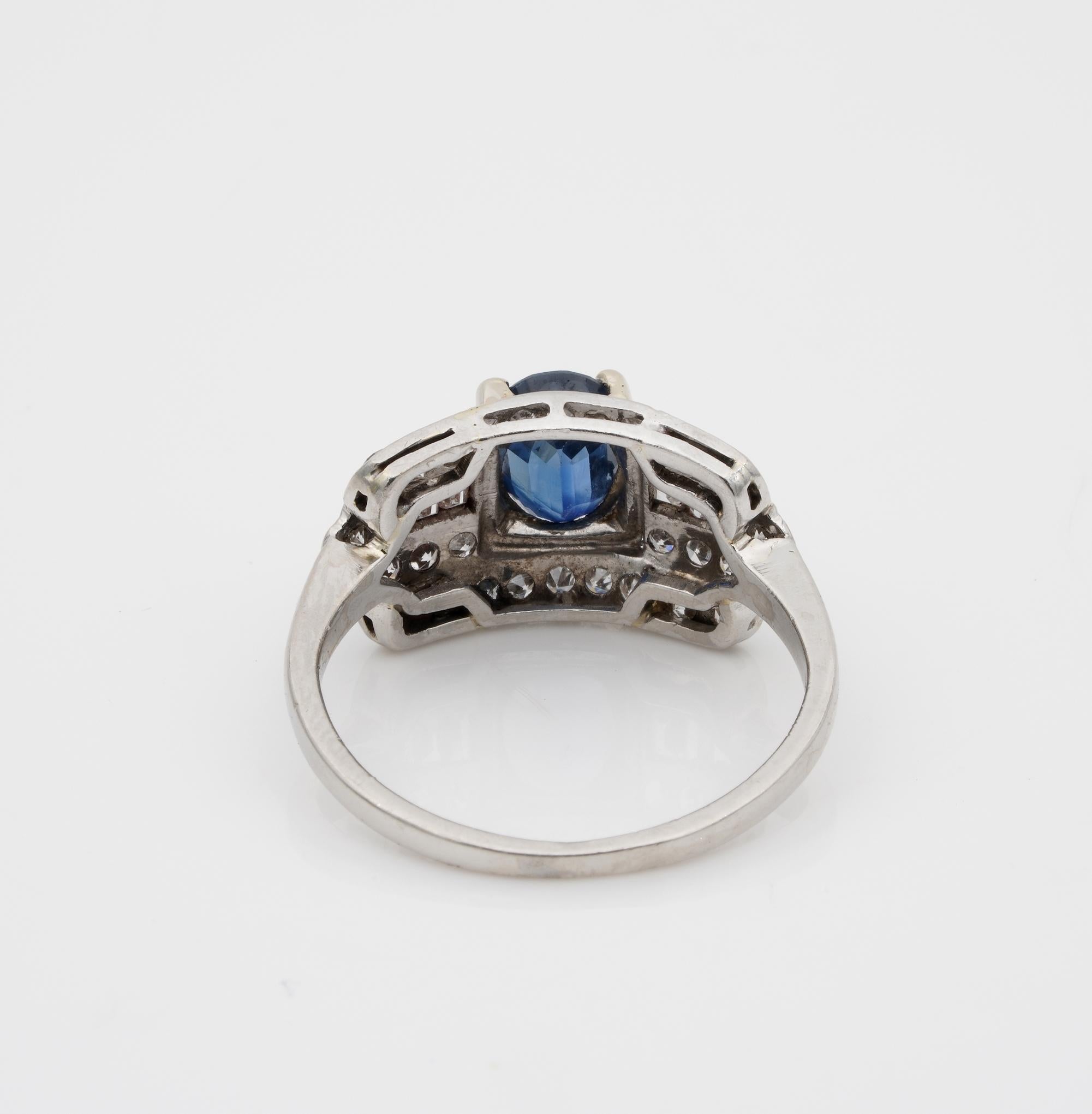Women's Art Deco 1.00 Carat Natural Sapphire 1.0 Carat Diamond Rare Panel Ring For Sale