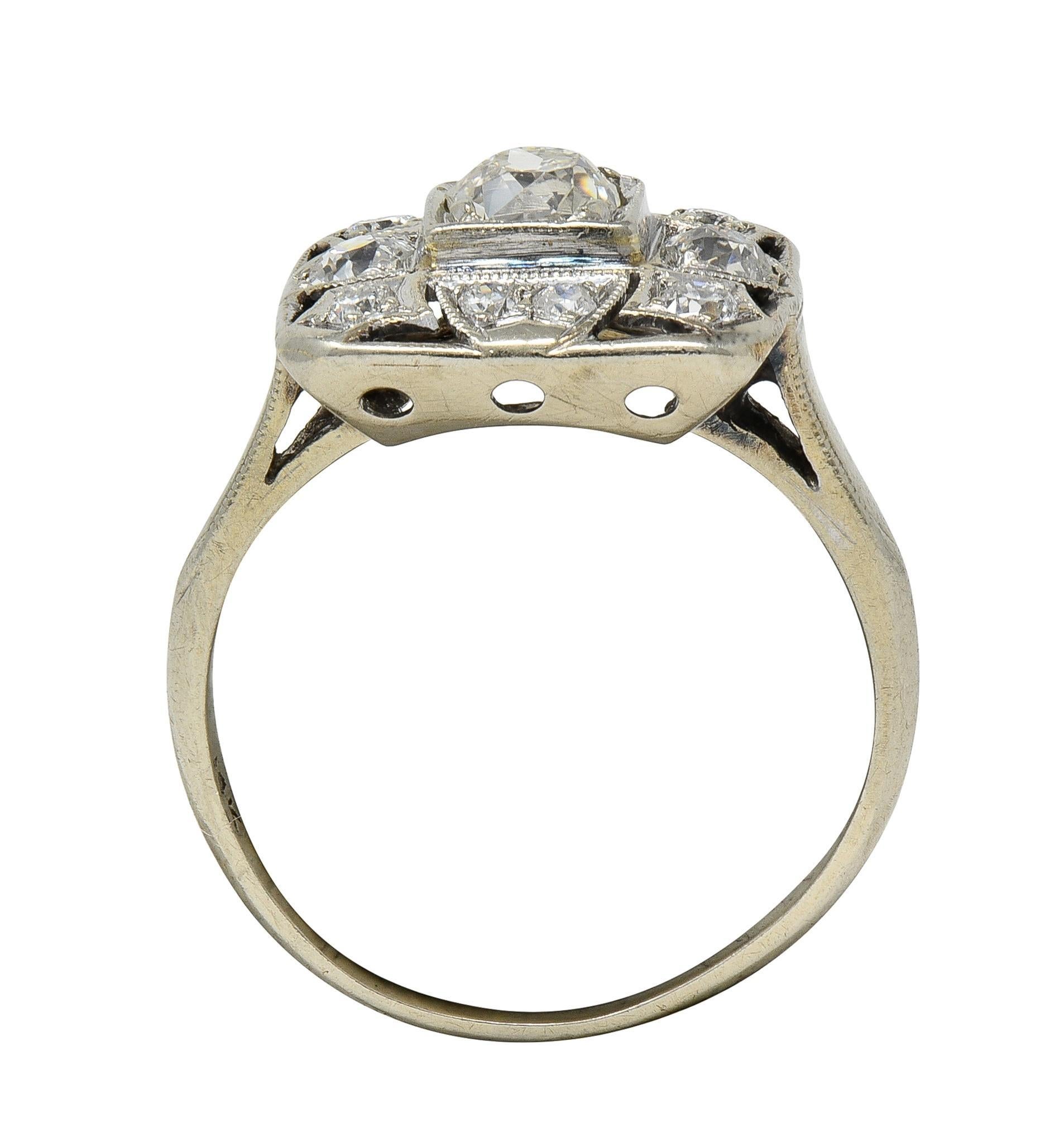 Art Deco 1,00 CTW Diamant 14 Karat Weißgold Vintage Cluster Dinner-Ring im Angebot 1