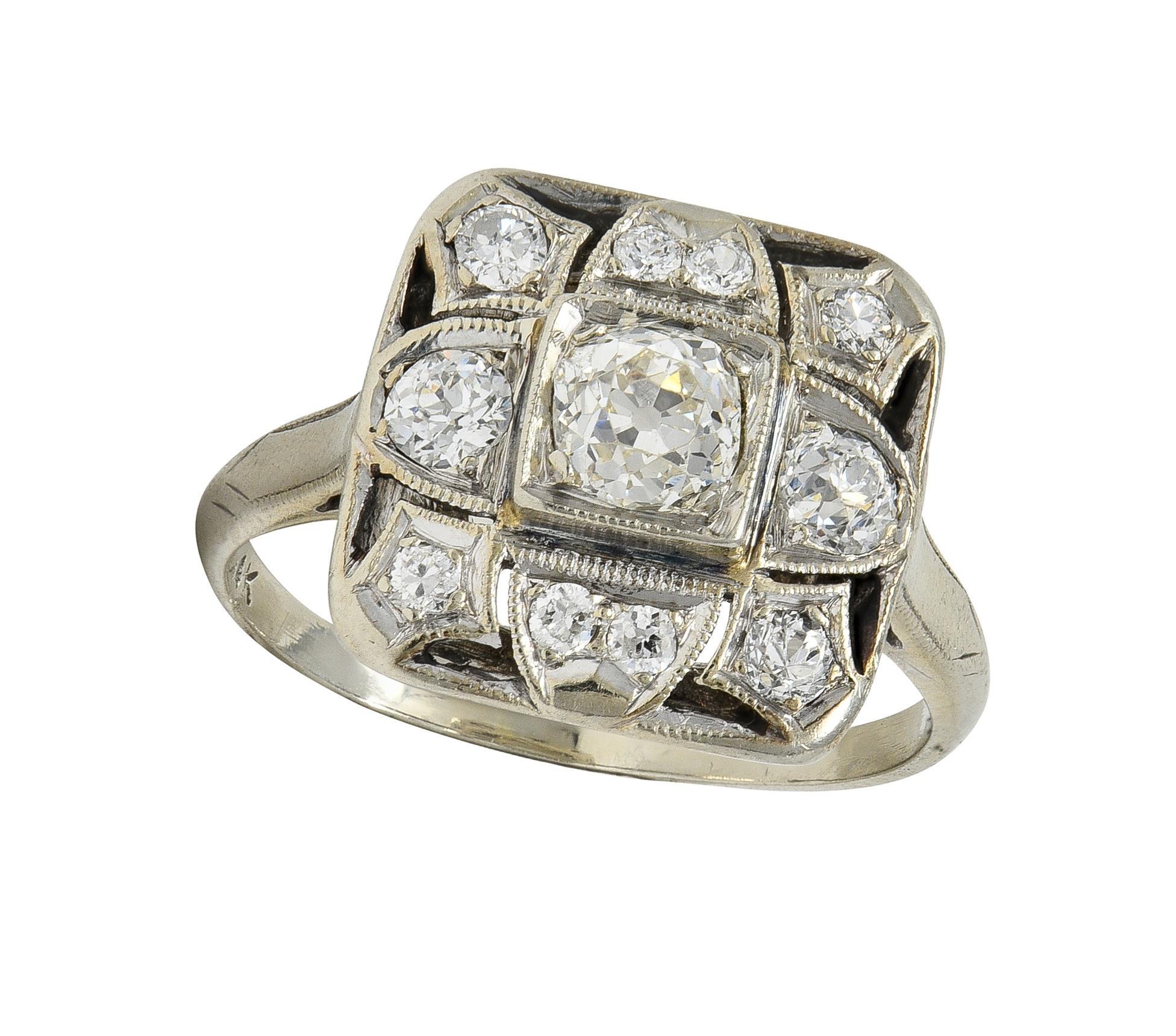 Art Deco 1,00 CTW Diamant 14 Karat Weißgold Vintage Cluster Dinner-Ring im Angebot 2