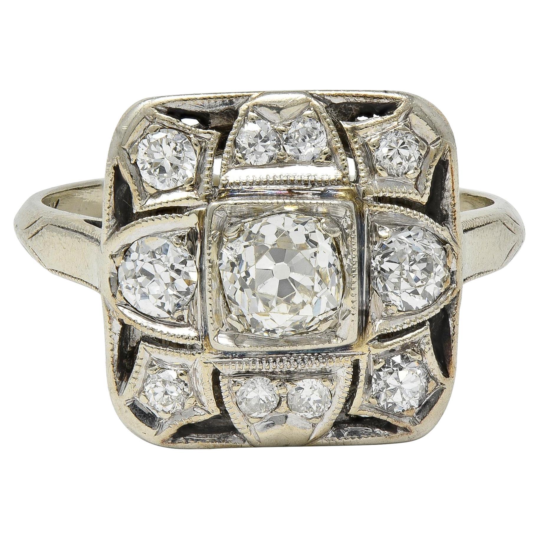 Art Deco 1.00 CTW Diamond 14 Karat White Gold Vintage Cluster Dinner Ring