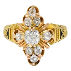 Art Deco 1.00 CTW Diamond Enamel 18 Karat Gold Navette Cluster Ring
