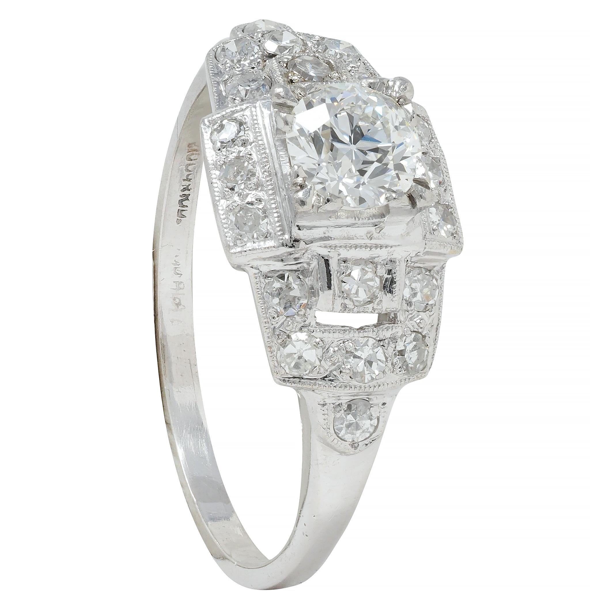 Art Deco 1.00 CTW Old European Diamond Platinum Buckle Vintage Engagement Ring For Sale 5