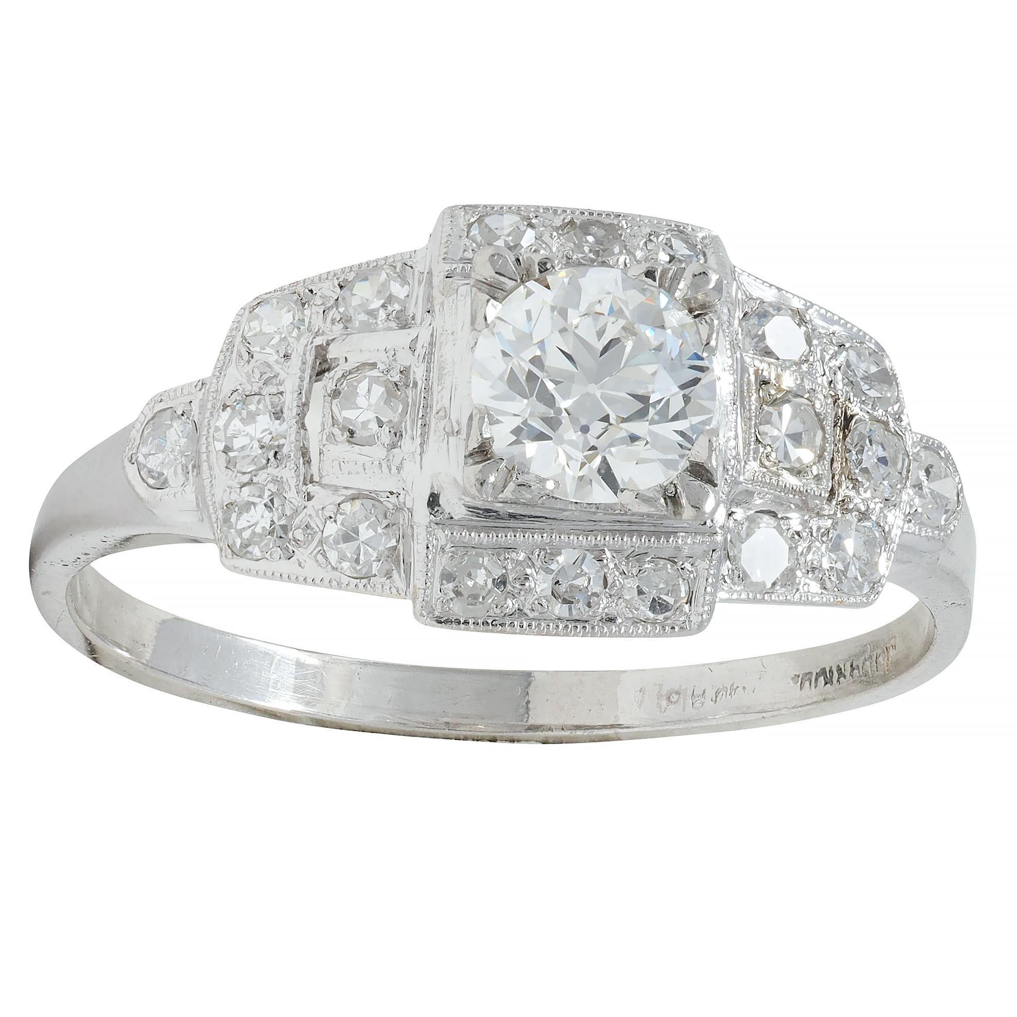 Art Deco 1.00 CTW Old European Diamond Platinum Buckle Vintage Engagement Ring For Sale 6