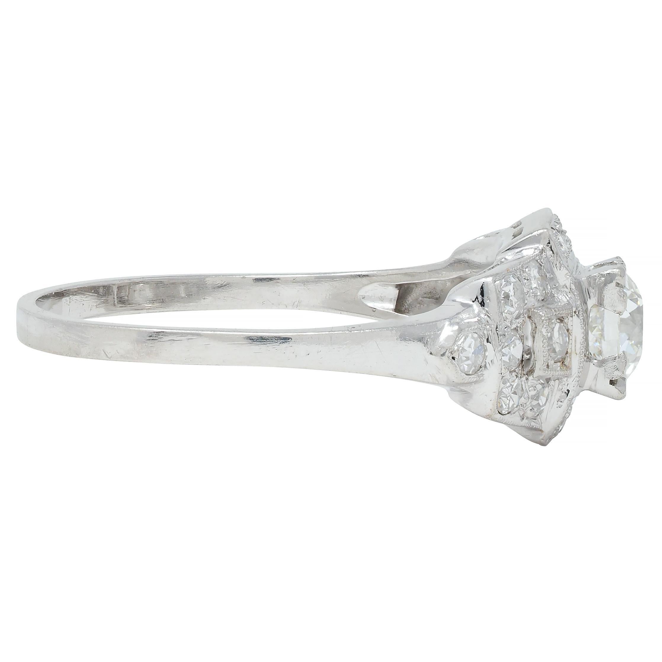 Old European Cut Art Deco 1.00 CTW Old European Diamond Platinum Buckle Vintage Engagement Ring For Sale