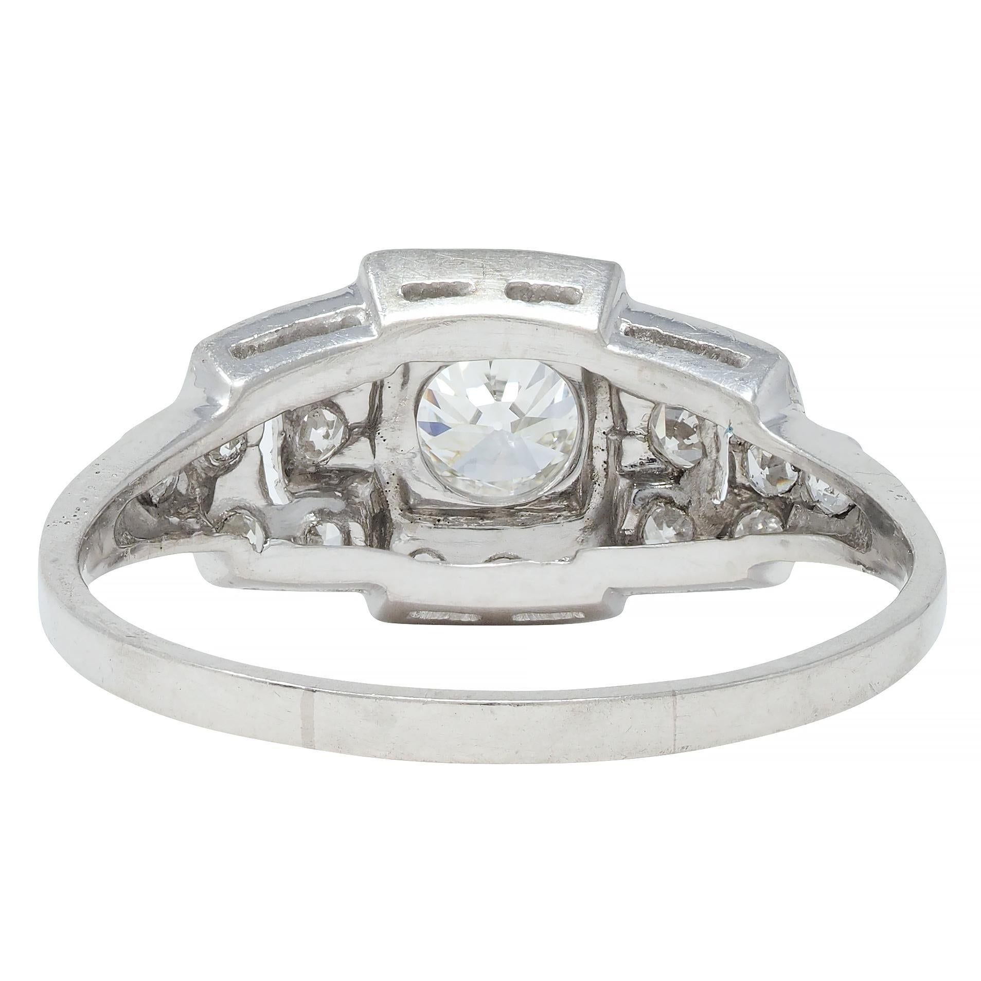 Art Deco 1.00 CTW Old European Diamond Platinum Buckle Vintage Engagement Ring In Excellent Condition For Sale In Philadelphia, PA